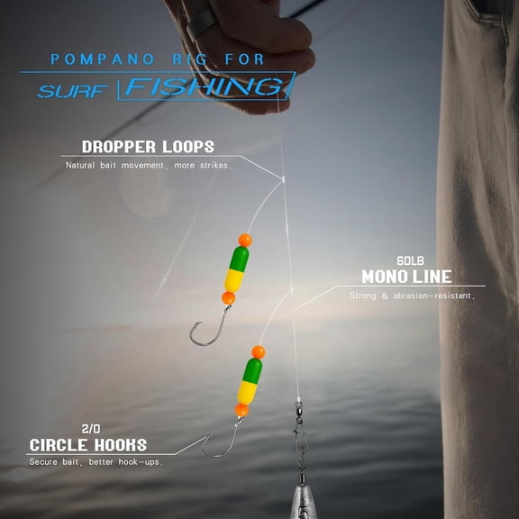 UBSWF-Pompano Rig Saltwater Surf Fishing Rigs Double Drop Leader Rigs with Hooks, Floats, Beads & Snap Easy Pre-Tied Terminal Tackle for Pompano, Whiting, Redfish
