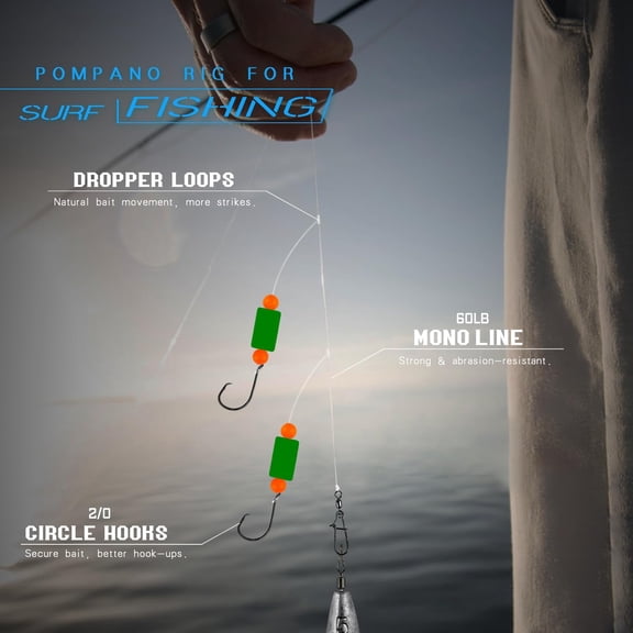 UBSWF-Pompano Rig Saltwater Surf Fishing Rigs Double Drop Leader Rigs with Hooks, Floats, Beads & Snap Easy Pre-Tied Terminal Tackle for Pompano, Whiting, Redfish