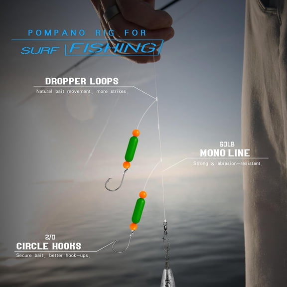 UBSWF-Pompano Rig Saltwater Surf Fishing Rigs Double Drop Leader Rigs with Hooks, Floats, Beads & Snap Easy Pre-Tied Terminal Tackle for Pompano, Whiting, Redfish