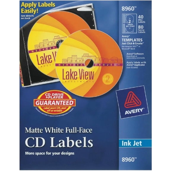 UBSWF-Printable Full-Face CD Labels, Matte White, Permanent Adhesive, Laser/Inkjet Printable, 40 Disc & 80 Spine Labels, Ideal for CDs, DVDs, PC Discs, Media Projects & More (8960)