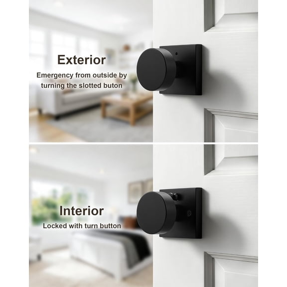 UBSWF-Privacy Door Knobs,Black Interior Door Knobs with Square Rosette,Keyless Bed and Bathroom Round Modern Door Knob with Lock 1Pack