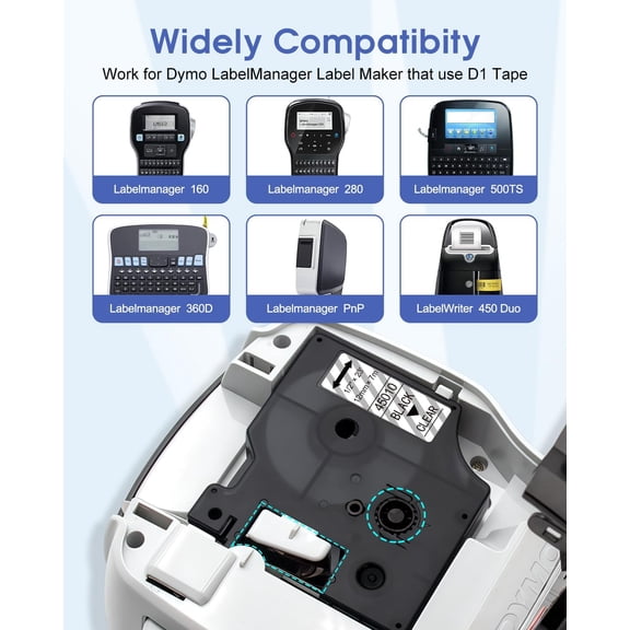 UBSWF-Replace for Dymo Label Maker Refills D1 45010 S0720500 D1 Clear Label Maker Tape Compatible with Dymo Labelmanager 160 Refills Tape 12mm 1/2 Inch, 3 Packs