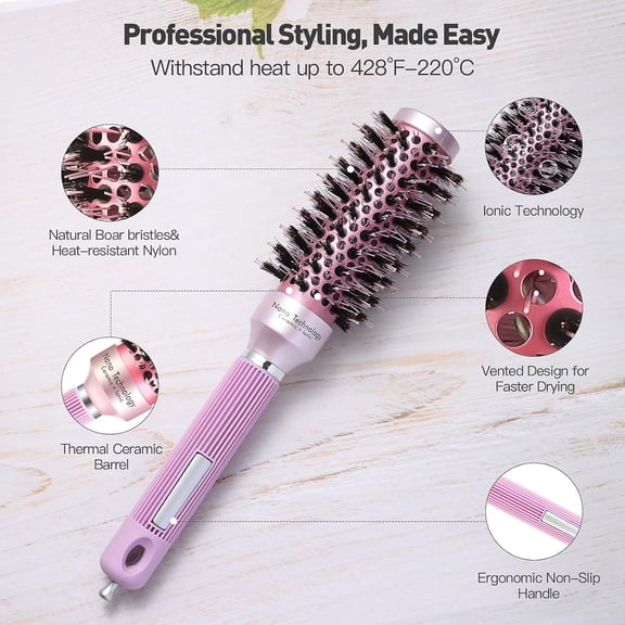 UBSWF-Round Hair Brush for Women Blow Drying, Ceramic Ionic Styling Tool with Mixed Bristles and Hair Clips, for Smooth and Voluminous Styles on Short Bangs Hair (1.3 Inch)