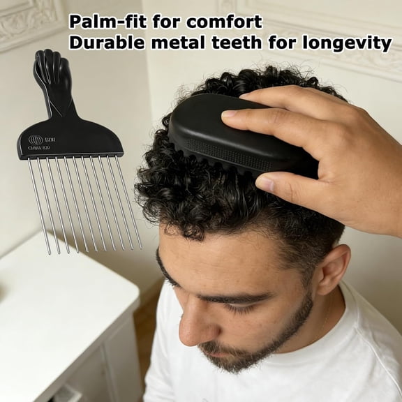 UBSWF-Rubber Afro Hair Brush for Curly Coily 4C Hair Durable Washable Non-Slip Styling Tool for Twist Curl, Magic Curly Barber Curl Twist Comb for Home Salon Women Men (Black hairbrush + Metal