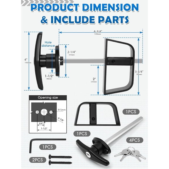 UBSWF-Shed Door T-Handle Lock Latch Kit with 4 Keys, Shed Barn Coop Storage Door T-Lock Set, Adjustable 4-3/4" Stem, with Spring Loaded Gate Pin Bolt Latch - 1 Lock+2 Latch