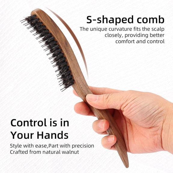 UBSWF-Slick Back Brush & Hair Styling Comb Volumizing Teasing Brush - Natural Boar Bristle for Distributing Products Evenly, Eliminates Frizz and Creates Sleek, Side Part Styles