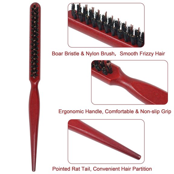 UBSWF-Slick Back Brush, Teasing Nylon & Boar Bristle Hair Brush for Edge Control, Back Comb with Rat Tail Pick for Hairstyle Sectioning, Backcombing, Smoothing, Styling Fine Hair for Volume Creation