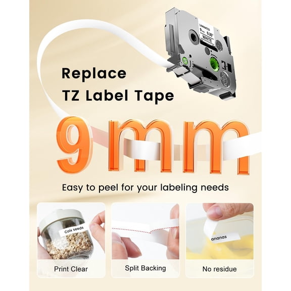 UBSWF-TZe-221 9mm 0.35 Laminated White Tape Replace for Brother P-Touch Label Tape 9 mm TZe Tz Black on White TZe221 AZe-221 for PT-D210 D200 1190 1750 Label Maker Refills 3/8 Inch, 6-Pack