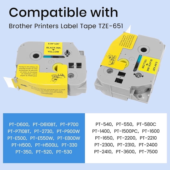 UBSWF-TZe-651 Yellow Label Tape 24mm 0.94 Laminated Labels Compatible for Brother P-Touch Label Maker Tape Refills PT-D600 PT-D610BT PTP700 PTP710BT, 1 Pack 0.94 in x26.2 ft