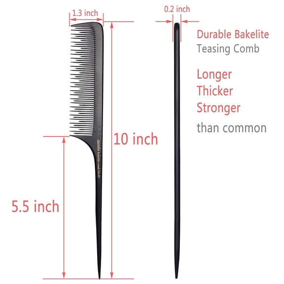 UBSWF-Teasing Comb for Fine Hair, Anti-static Long Bakelite Rat Tail Comb Tool for Back Combing, Root Teasing, Adding Volume