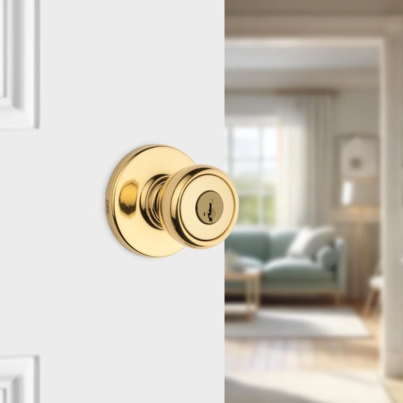 UBSWF-Tylo Entry Door Knob with Lock and Key, Secure Keyed Handle Exterior, Front Entrance and Bedroom, Polished Brass, Pick Resistant SmartKey Rekey Security