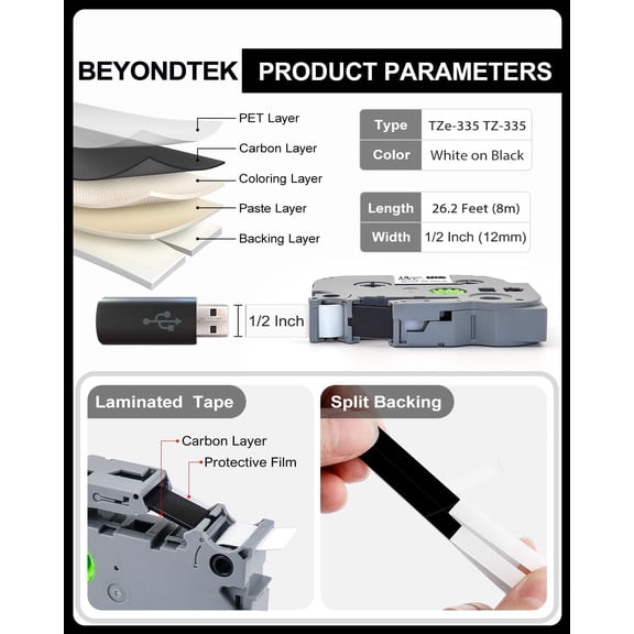 UBSWF-Tze-335 TZe335 Work for Brother P Touch 1/2" White on Black Label Maker Tape Compatible with Brother P Touch TZ TZe Tape 12mm 0.47 Laminated Black with P-Touch PT-H110 PT-D210 PT-D400 PT-D600,2
