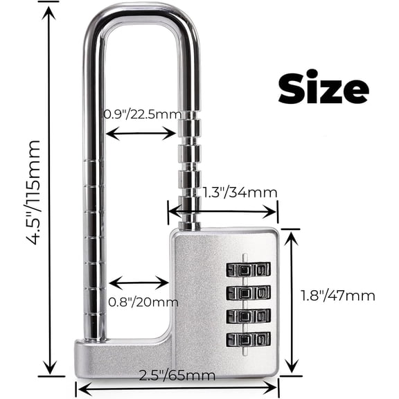 UBSWF-U Shaped Cabinet Combination Lock, 4 Digit Stainless Steel Padlock with Code, Adjustable 4.5 Inch Long Shackle Lock for Kitchen, Gym, School, Silver, 2.5 Inch Width