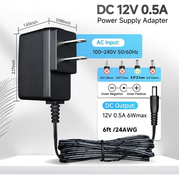 UBSWF-UL Listed 12V 0.5A 6ft Power Supply Adapter, AC to DC 6W 12V 500mA Replacement Power Cord for Security Camera LED Strips Crosley Turntable Router Label Maker Desk Lamp Speaker and More