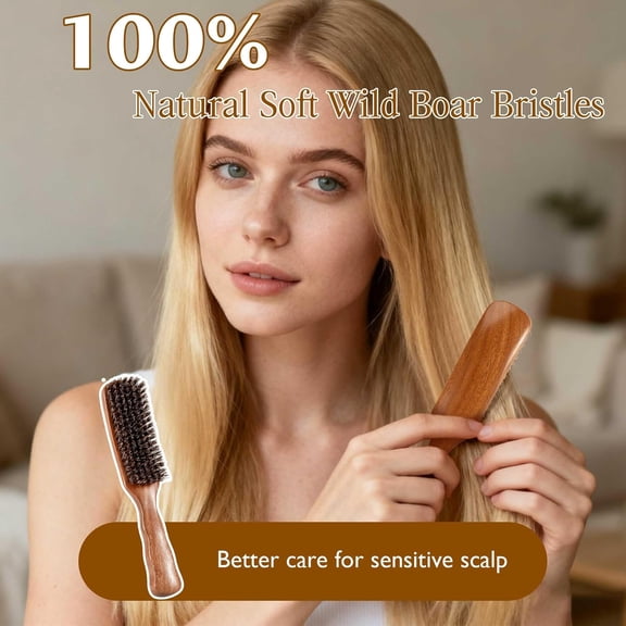 UBSWF-Wild Boar Bristle Slick Back Hair Brush, Large Soft Bristle Hair Brushes for Thin & Fine Hair, Natural Sapele Wooden Handle Hairbrush for Women Men