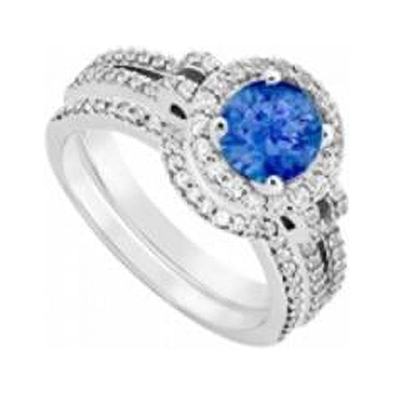 UBUJS3263ABW14CZS 14K White Gold Blue Created Sapphire CZ Engagement Ring With Wedding Band Sets - 1.1 CT