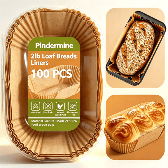 Pindermine 2lb Loaf Pan Liners, 100 PCS PreFormed Rectangle NonStick Bread Baking Paper Liners, Loaf Pan Liners for 9x5 Inch Bread Pans, Ideal for Bread & Cake Baking