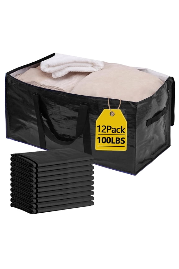 12 pack XL Moving Bags with Zippers & Handles, Heavy Duty Storage Totes, Black