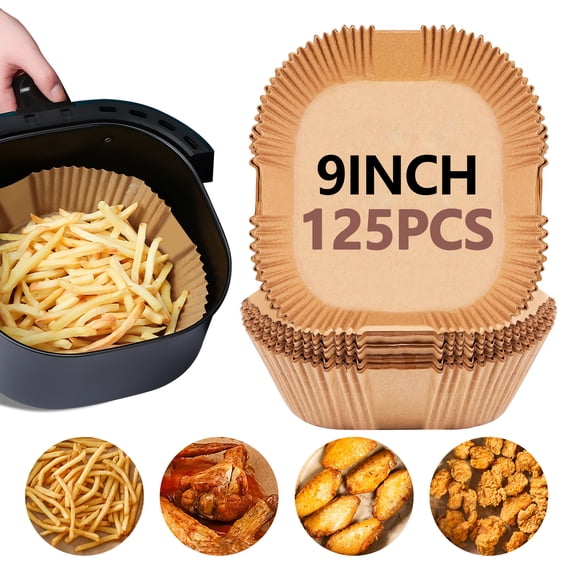 UBeesize 9 Inch Disposable Air Fryer Liners, 125 Pcs Square Unbleached Parchment Papers , Fits 5-8 Qt Basket,Make by Wood pulp