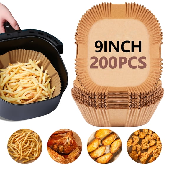 UBeesize 9 inch Disposable Air Fryer Liners, 200 Pcs Square Unbleached Parchment Papers , Fits 5-8 Qt Basket, Make by Wood pulp