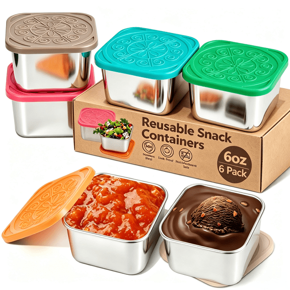 UBeesize 304 Small Snack Box Containers - 6oz Metal Salad Dressing Dipping Sauce Cups for School, Travel, Picnic（6 Pack）