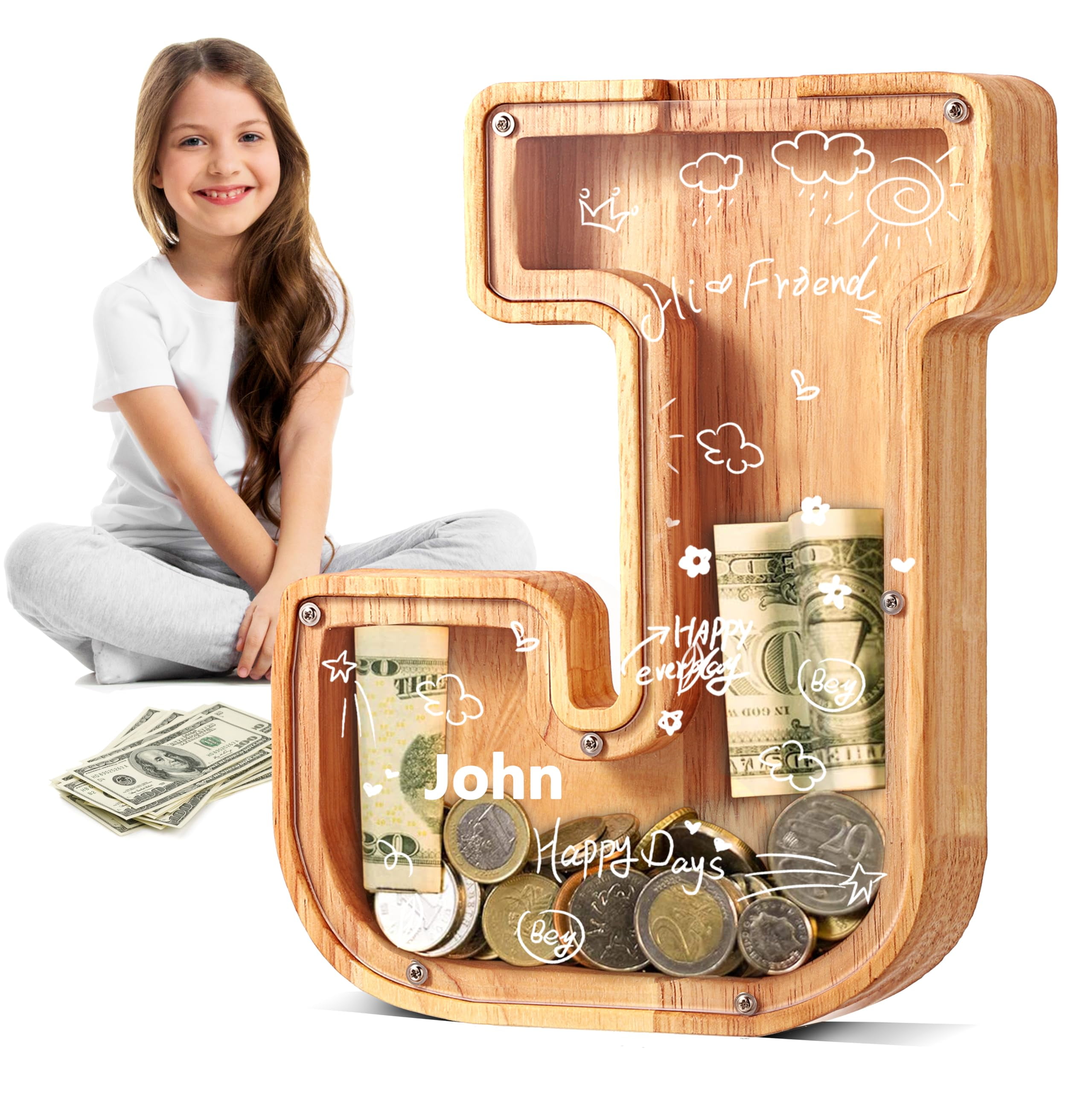 UBeesize Wooden Letter Piggy Bank,Piggy Bank for Boys Girls,Toddler Alphabet Money Bank,Coin Bank Birthday Gift for Kids,Children's Gift (J)