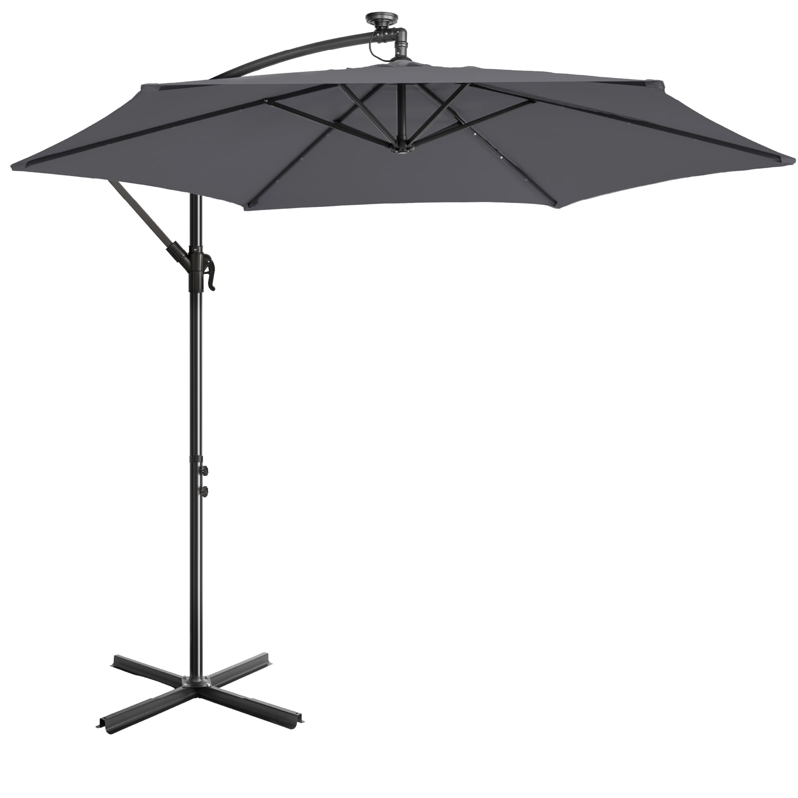 UBesGoo 10 Feet Solar LED Offset Cantilever Hanging Market Patio Umbrella,Easy Crank & Tilt Adjustment, for Garden Deck Pool Patio,Gray