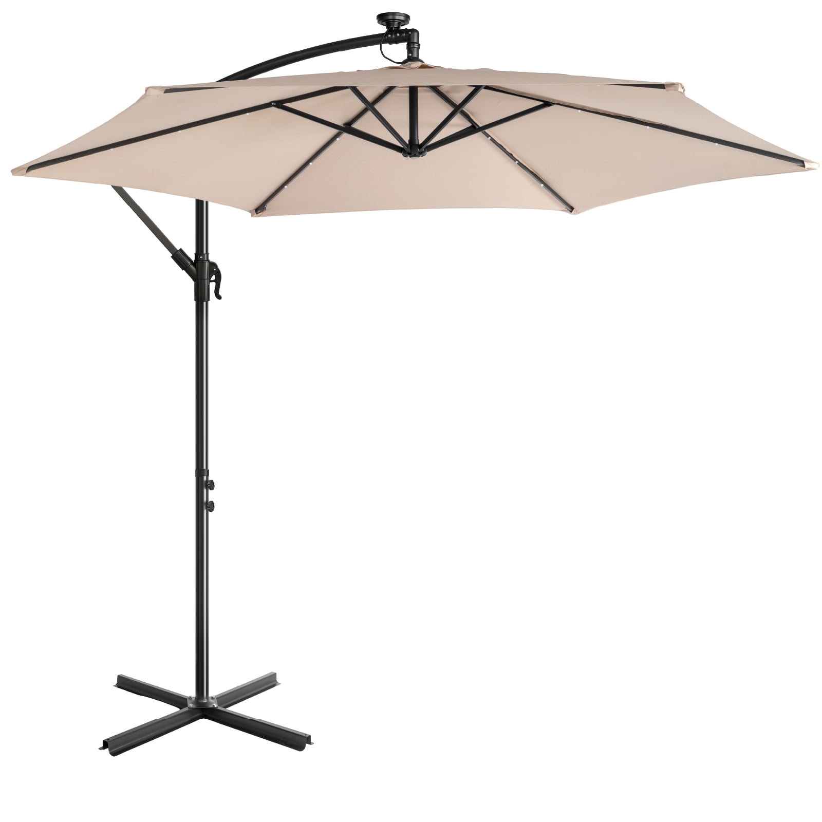 UBesGoo 10 Feet Solar LED Offset Cantilever Hanging Market Patio Umbrella,Easy Crank & Tilt Adjustment, for Garden Deck Pool Patio,Khaki