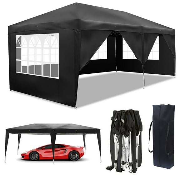 UBesGoo 10x20 Ez Pop Up Canopy Gazebo Party Tent with 6 Sidewalls Waterproof Black