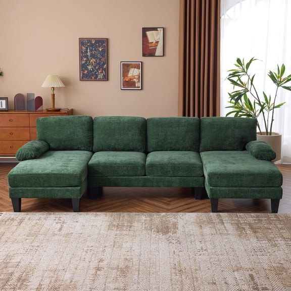 UBesGoo 111" Modular Sectional Sofa with Double Chaise, U-Shaped Cloud Chenille Couch, 4 Seat Sofa Lounge Sleeper Furniture for Living Room, Green