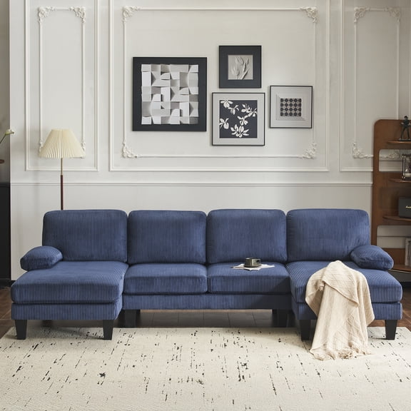UBesGoo 111" Modular Sectional Sofa with Double Chaise, U-Shaped Cloud Corduroy Couch, 4 Seat Sofa Lounge Sleeper Furniture for Living Room, Blue