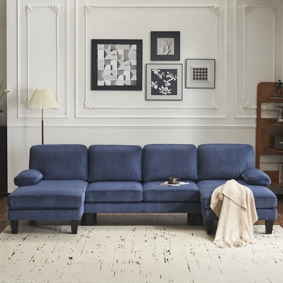 UBesGoo 111" Modular Sectional Sofa with Double Chaise, U-Shaped Cloud Corduroy Couch, 4 Seat Sofa Lounge Sleeper Furniture for Living Room, Blue
