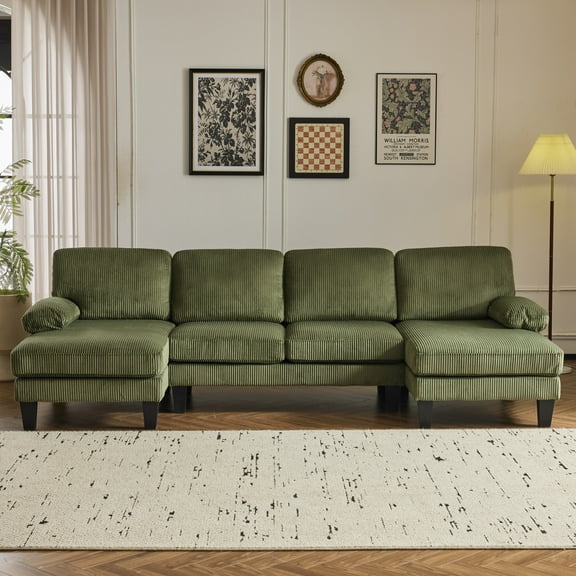 UBesGoo 111" Modular Sectional Sofa with Double Chaise, U-Shaped Cloud Corduroy Couch, 4 Seat Sofa Lounge Sleeper Furniture for Living Room, Green
