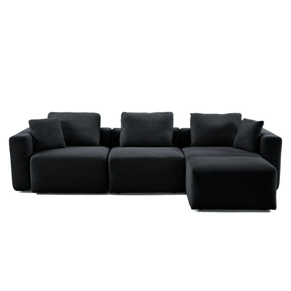 UBesGoo 112"W Cloud Sectional Couch, L-Shaped Corduroy Sofa with Movable Ottoman,Modern 3-Seats Modular Sofa for Living Room Small Space, Black
