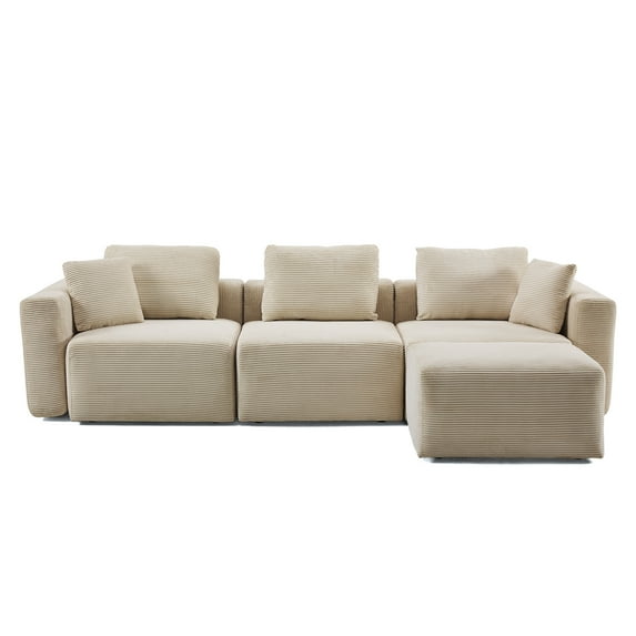 UBesGoo 112"W Cloud Sectional Couch, L-Shaped Corduroy Sofa with Movable Ottoman,Modern 3-Seats Modular Sofa for Living Room Small Space, Khaki