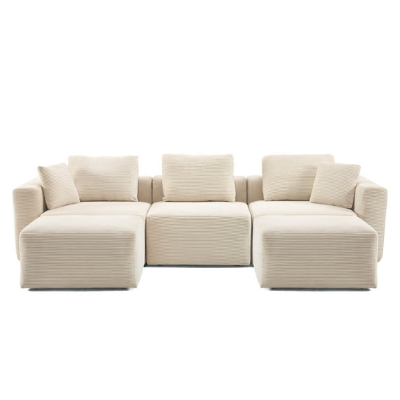 UBesGoo 112"W Cloud Sectional Couch, U-Shaped Corduroy Sofa with Movable Ottoman,Modern 3-Seats Modular Sofa for Living Room Small Space, Beige