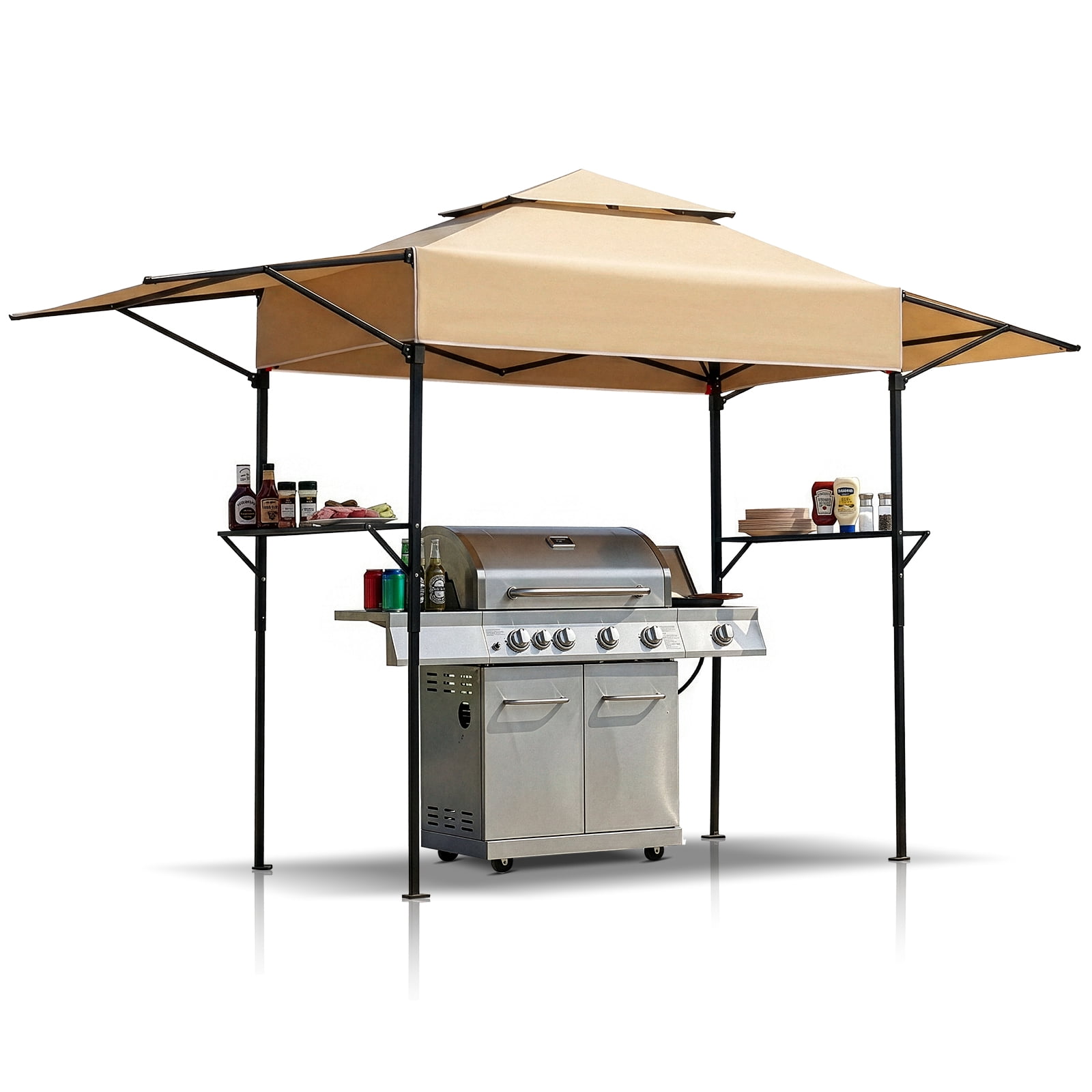 UBesGoo 12.5x3.3ft Grill Gazebo, Outdoor BBQ Gazebo with Storage Shelf,Double Tiered & Extra Adjustable Shadow,Khaki