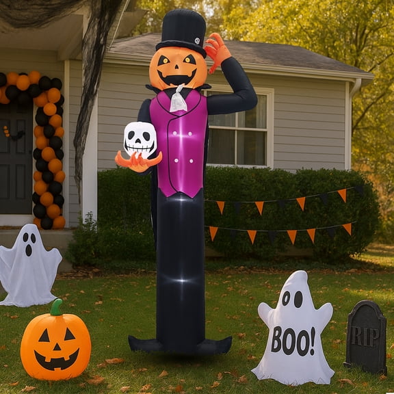 UBesGoo 12' Halloween Inflatable Blow Up Decorations, Pumpkin Man Holding Skull Built-in LEDs for Holiday Party