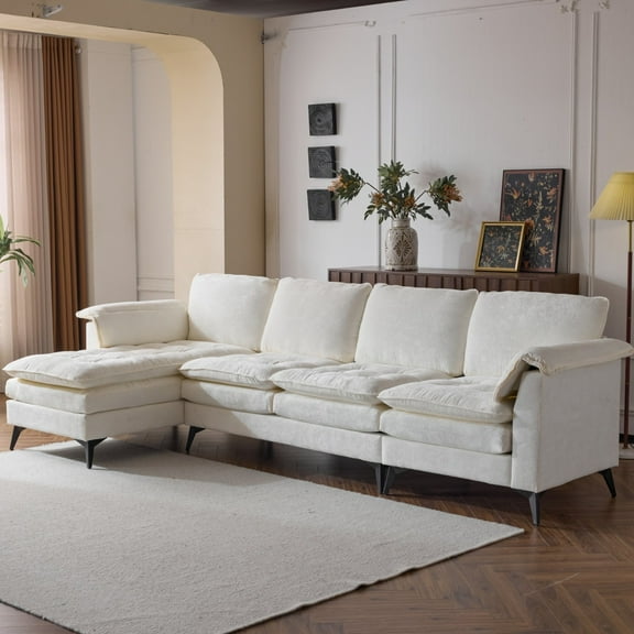UBesGoo 130" L-Shaped Modular Sofa, Oversized Chenille Couch with Double Layered Cushions, 4 Seats Sleeper Set Living Room Furniture Sets, Off White
