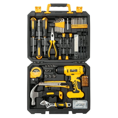 UBesGoo 146pcs Power Tool Combo Kits with 8V Cordless Drill, 10MM 3/8'' Keyless Chuck, Professional Home Household Kit DIY Hand Tool Set, Yellow