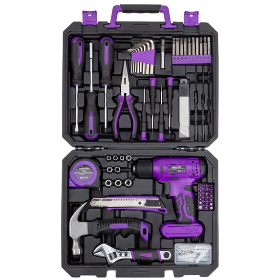 UBesGoo 146pcs Power Tool Combo Kits with 8V Cordless Drill, 10MM 3/8'' Keyless Chuck, Professional Home Household Kit DIY Hand Tool Set, Purple