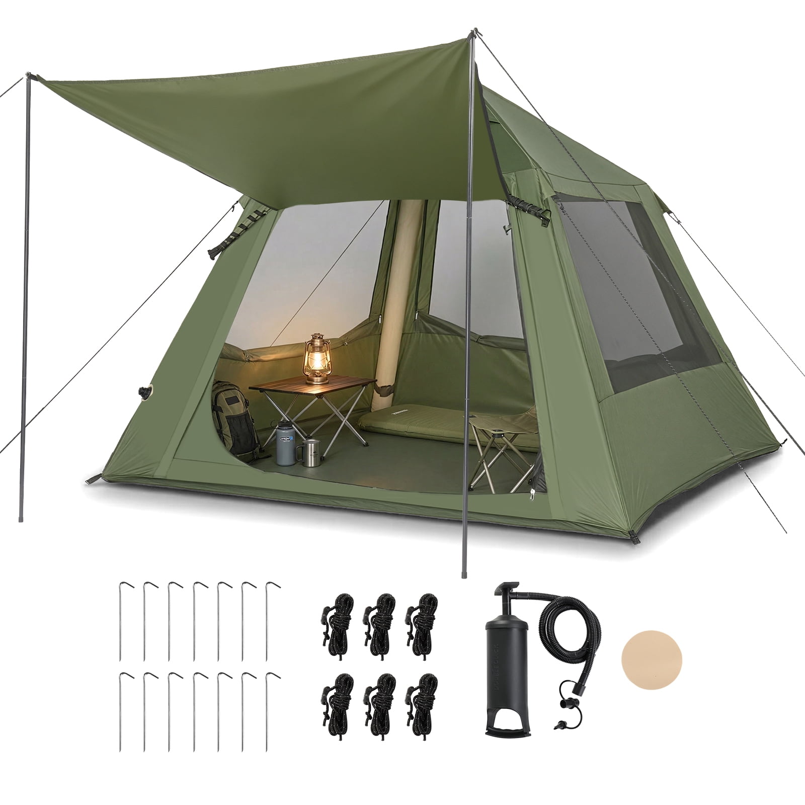 UBesGoo 2-4 People Inflatable Tent with Hand Pump for Camping, Easy Setup Air Glamping Tents with Extra Canopy, Camping Tent for Family, Green