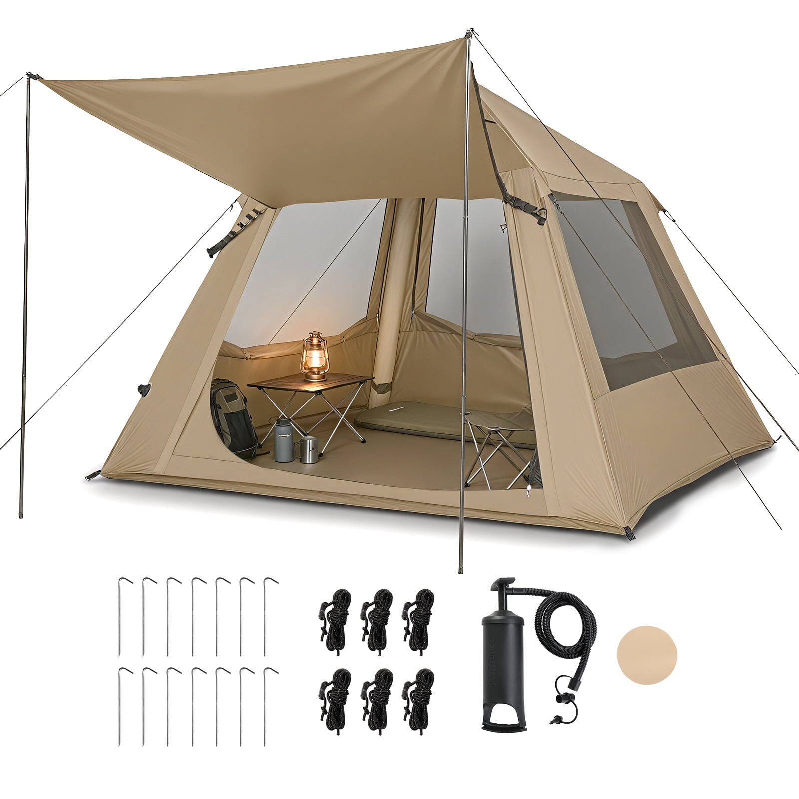 UBesGoo 2-4 People Inflatable Tent with Hand Pump for Camping, Easy Setup Air Glamping Tents with Extra Canopy, Camping Tent for Family, Khaki