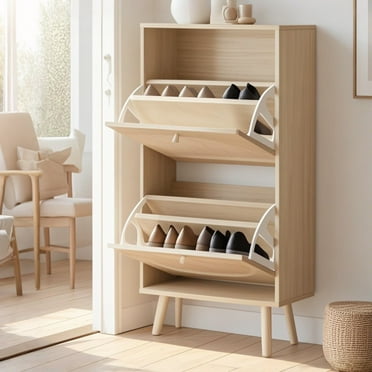 UBesGoo 2-Drawer 4-Tier Rattan Shoe Storage Cabinet, Shoe Rack Organizer for Entryway Living Room Bedroom Hallway Apartment, Natural