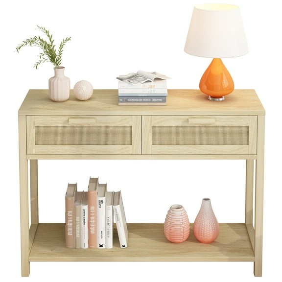 UBesGoo 2-Drawer Console Table with Shelf, Narrow Wood Accent Sofa Table Entryway Table for Front Hall, Hallway, Living Room, Natural Rattan