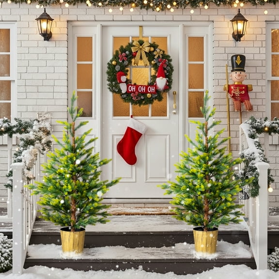 UBesGoo 2-Pack 4ft Potted Christmas Trees, Dual-Tone Artificial Pine with Pot Stand, Green Holiday Decor