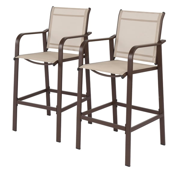 UBesGoo 2 Pack Outdoor Bar Stools, Patio Bar Chairs with Brown Iron Frame and Beige Breathable Fabric, Weather Resistant High Bar Stools with Armrests for Backyard, Deck, Poolside, Patio Bar