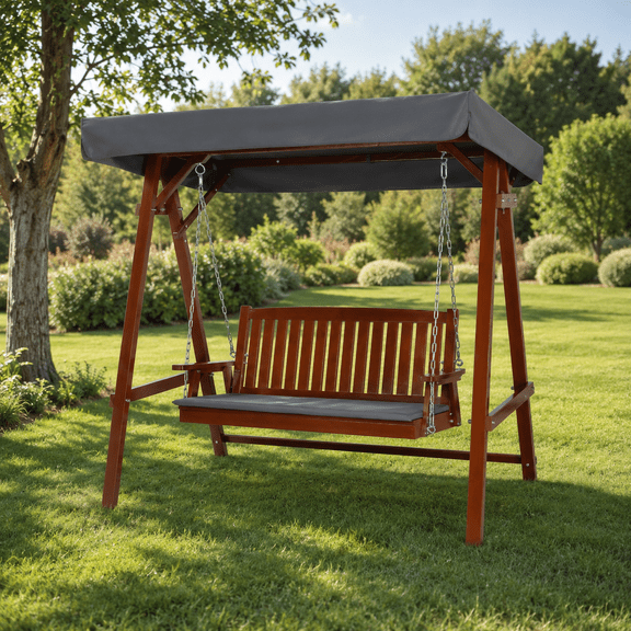UBesGoo 2 Person Fir Wood Porch Swing with Adjustable Canopy & Cushion, Teak Finish A-Frame Outdoor Patio Swing Chair Set for Backyard Garden
