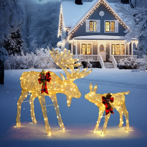 UBesGoo 2 Piece Holiday Light Up Deer Set - Christmas Light Up Reindeer Outdoor Decor for Lawn or Yard Gold