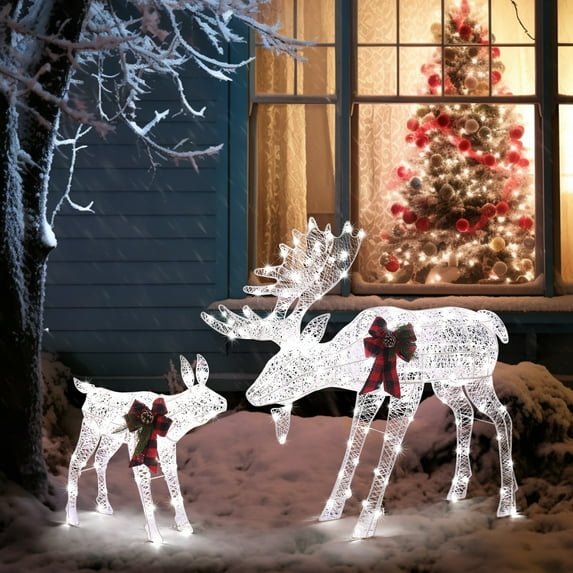 UBesGoo 2 Piece Holiday Light Up Deer Set - Christmas Light Up Reindeer Outdoor Decor for Lawn or Yard White